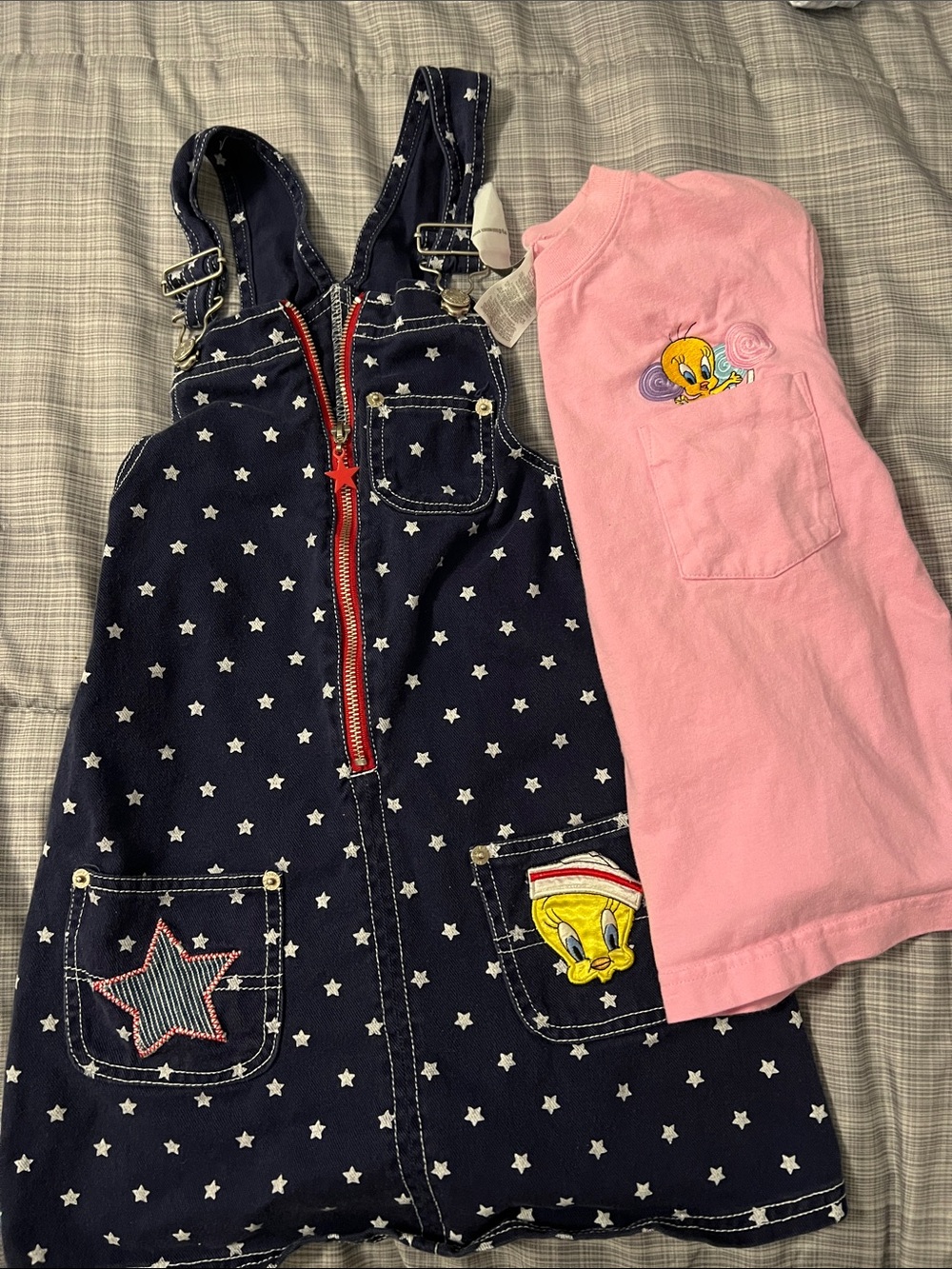 Kids Warner Bros. Navy Star Print Denim Overalls with Pink Tweety Tee